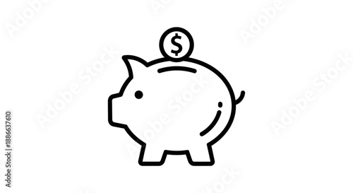 Financial saving piggy bank line art icon with dollar coin. Concept of money management, investment, economy, and budget planning.