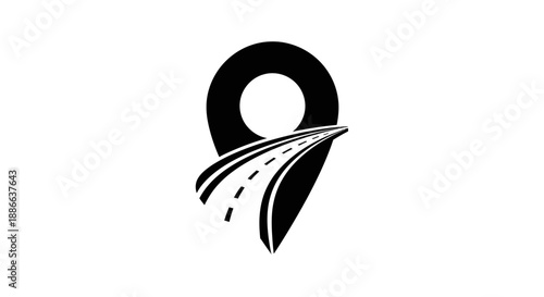 Modern black location map pin icon with integrated road symbol, representing travel, journey, navigation, and destination.