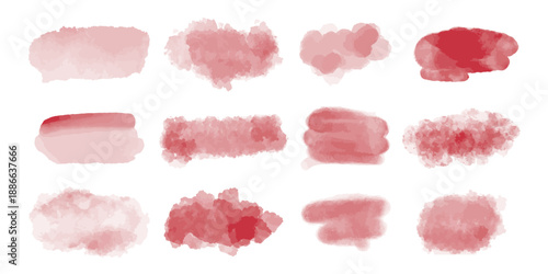 Red watercolor abstract shapes. Paint stains and strokes. Translucent scarlet blobs for background, vector graphics