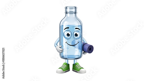 Cute 3D Water Bottle Character Holding Yoga Mat and Wearing Sneakers