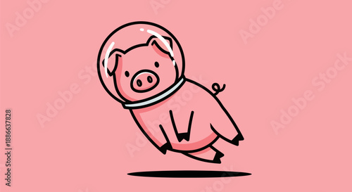 Cartoon pig astronaut floating in space