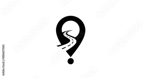 GPS location pin icon with winding road. Navigation destination marker, travel route, journey path symbol in black and white.