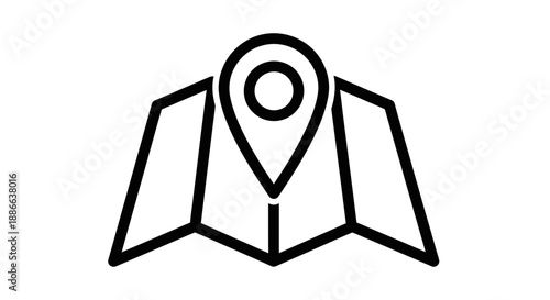 GPS navigation map marker outline icon. Location pin on folded paper map symbol for travel, direction, destination, and point of interest.