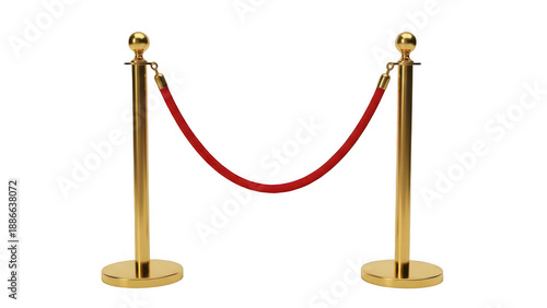 Golden stanchions with red rope barrier isolated on transparent background