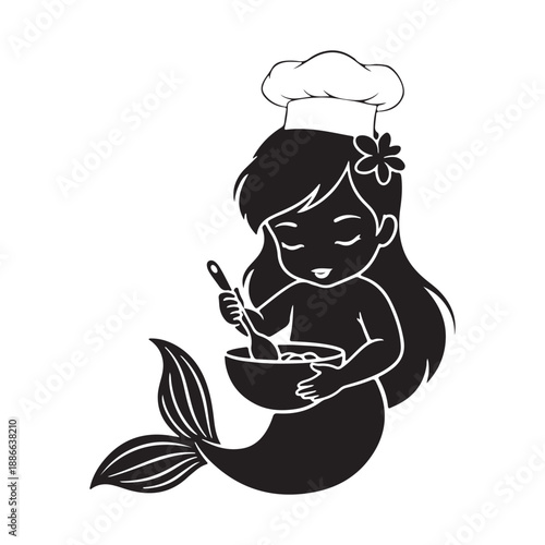 Silhouette of a mermaid chef with a hat and flower in her hair cooking kid mermaid silhouette baby mermaid silhouette baby mermaid cute baby mermaid