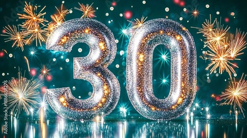 Festive thirtieth anniversary celebration with silver number and dazzling fireworks display.