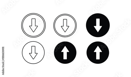 Set of Six Circular Arrow Icons: Black and Outline Up and Down Arrows for Navigation and Directions