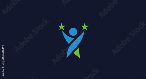 Abstract human figure holding two green stars, celebrating achievement and success, symbolizing victory, winning, and excellence on a dark background.
