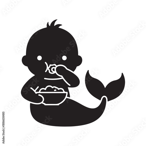 Baby mermaid silhouette eating from a bowl on a kid mermaid silhouette cute baby mermaid white background vector illustration