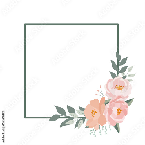 Pastel floral frame with spring flowers and leaves