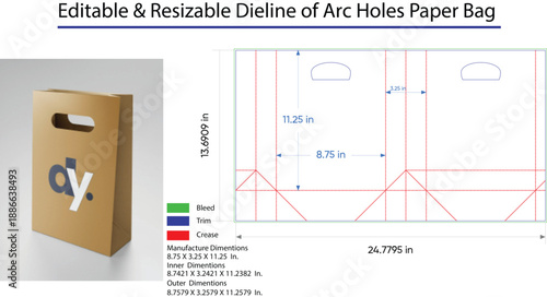 Editable and Resizable Dieline of Arc Holes Paper Bag with Dimensions