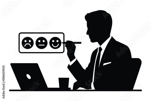 Man evaluating feedback options on a laptop with emotion icons