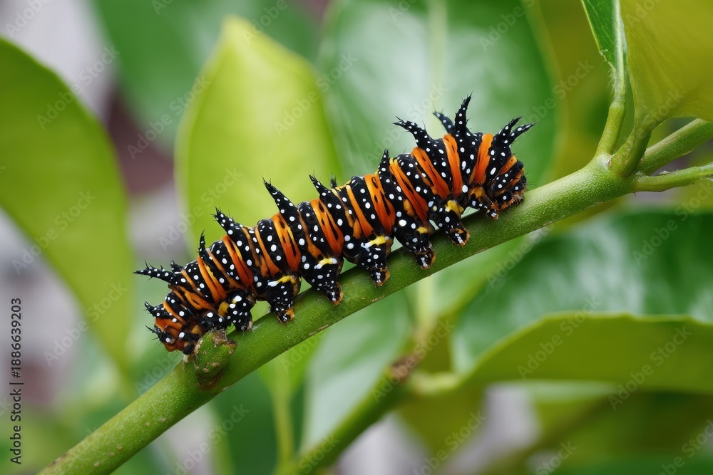 Obraz premium Papilio memnon is a caterpillar that frequently clings to lime leaves
