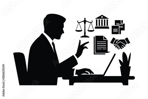 Lawyer working at desk with symbols of justice and legal practice