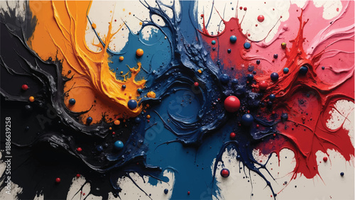 A vibrant colorful paint splashes against a white background. Colorful background design. Colorful paint explosion, illustration.	