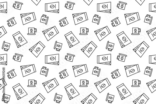 Seamless fish pattern with black outline icons of swimming fishes and bubbles. Minimalist aquatic background for sea life decor, kids bathroom textile, ocean theme wallpaper, and prints.