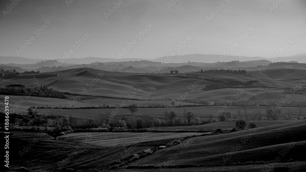 Obraz premium Italia panorami della Toscana in bianco e nero. Provincia di Siena,Val D'Orcia e Chianti Senese. Toscana, Italia 