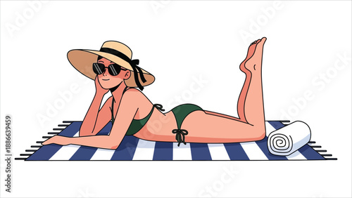 Woman Sunbathing on Striped Beach Towel Illustration.eps