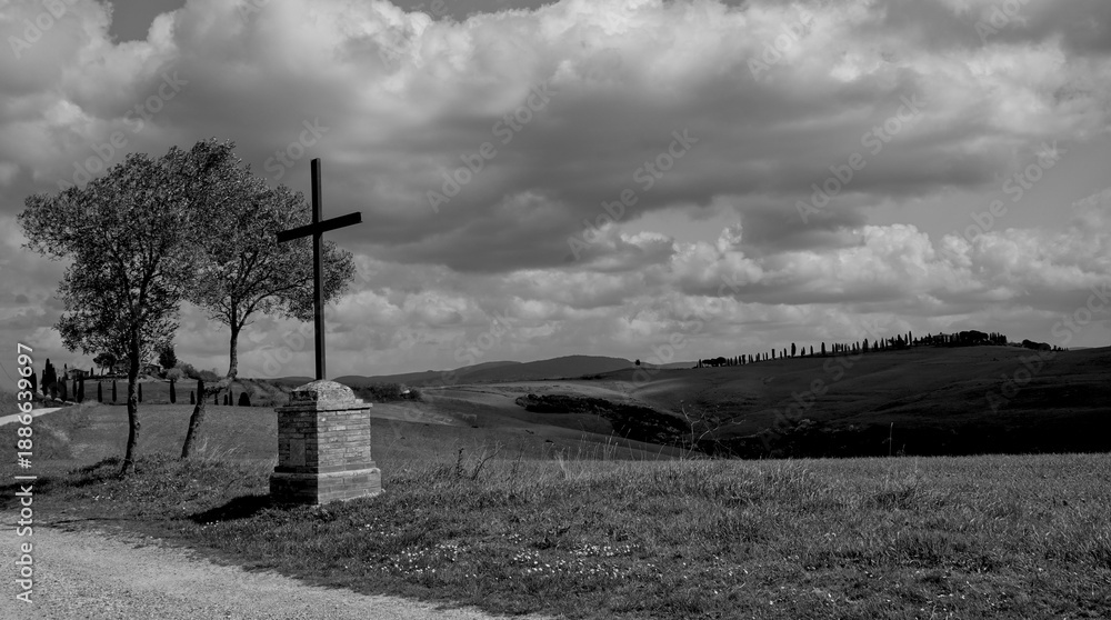 Obraz premium Italia panorami della Toscana in bianco e nero. Provincia di Siena,Val D'Orcia e Chianti Senese. Toscana, Italia 