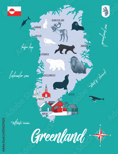 Greenland cartoon map vector colorful background, island of Kingdom Denmark doodle illustration, marine life Arctic. Scandinavian travel set, silhouette landmark, cities, roadmap, infographic concept 