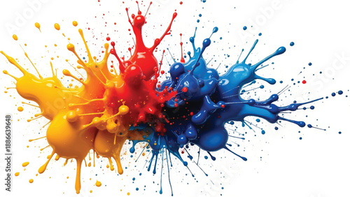 A vibrant colorful paint splashes against a white background. Colorful background design. Colorful paint explosion, illustration.	