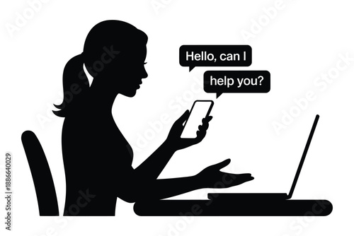 Silhouette of woman using phone and laptop with chat bubbles