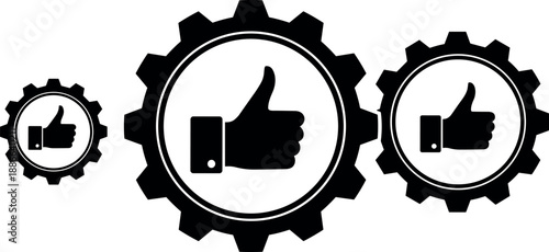 Approval thumbs up icons in gear shapes, quality assurance success concept, like symbol, black silhouette vector illustration set