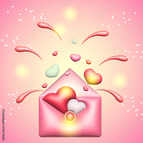 An envelope with hearts and sparkles and splashes. An illustration for Valentine's Day.