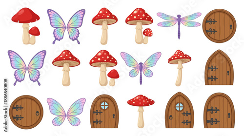 Collection of Cartoon Mushrooms, Butterflies and Doors.