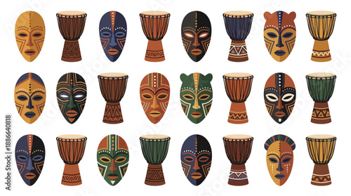 Collection of Colorful African Tribal Masks.