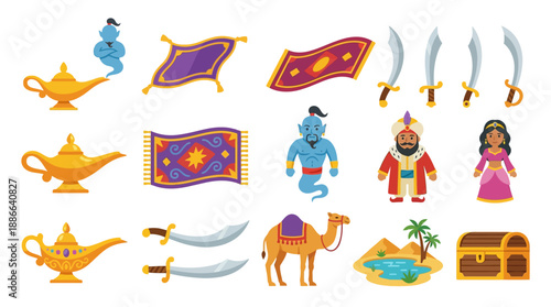 Collection of Cartoon Arabian Nights Characters and Objects.