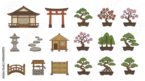 Collection of Japanese Bonsai Trees and Structures.