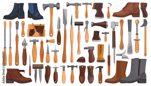 Collection of Various Tools and Work Boots.