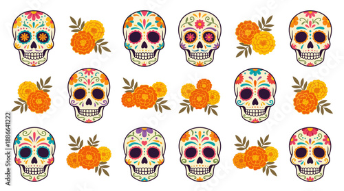 Colorful Sugar Skulls and Marigolds Illustration.