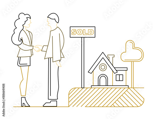 Flat line art illustration of a man and woman shaking hands in front of a sold house, representing a completed property transaction, home purchase, or real estate investment success.