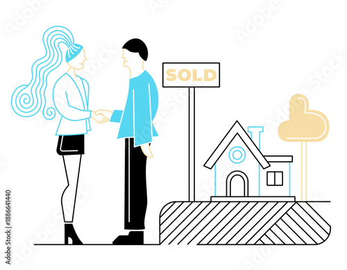 Flat line art illustration of a man and woman shaking hands in front of a sold house, representing a completed property transaction, home purchase, or real estate investment success.