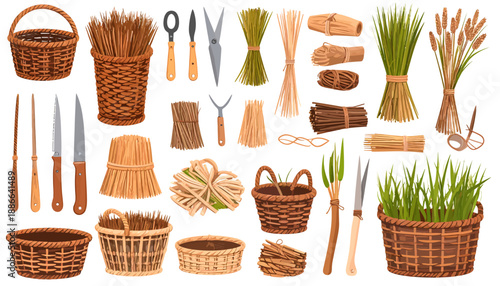 Gardening Tools and Wicker Baskets Collection.