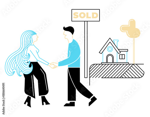 Minimalist vector concept of real estate sale. A couple shakes hands beside a “SOLD” sign and a cozy home, representing buying, selling, or closing a property deal.
