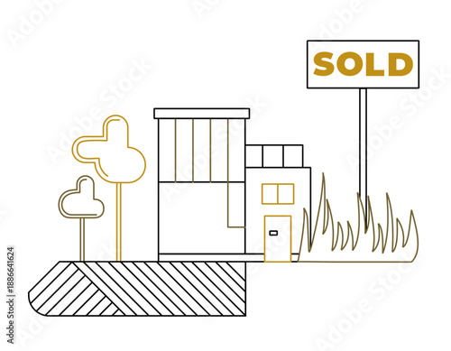 Abstract vector illustration of a sold modern house with a big “SOLD” sign and decorative trees, symbolizing successful property sale, investment, and real estate business.