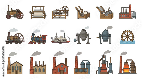 Industrial Machinery Icons Set Illustration Collection.