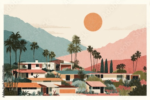 Palm Springs, USA Retro illustrated 1960s travel postcard, Palm Springs mid-century houses and palm trees, flat graphic shapes, hand-colored lithograph print, poster-like composition