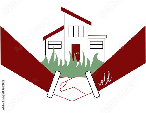 Minimalistic line art illustration of a handshake in front of a house, symbolizing a completed real estate agreement, partnership, successful negotiation, or property sale.