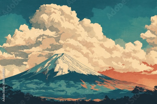 Mount Fuji, Japan Retro illustrated postcard, Mount Fuji silhouette with flat clouds, limited color palette, poster-style composition, hand-colored lithograph feel, graphic travel illustration