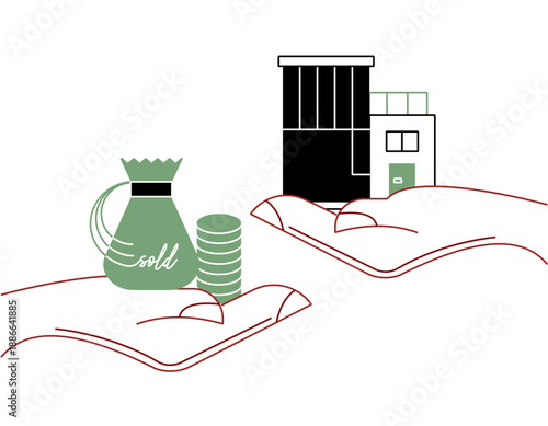 Clean line art illustration showing money and a “sold” bag in one hand and a modern building in another, representing financial exchange, property sale, or real estate investment.