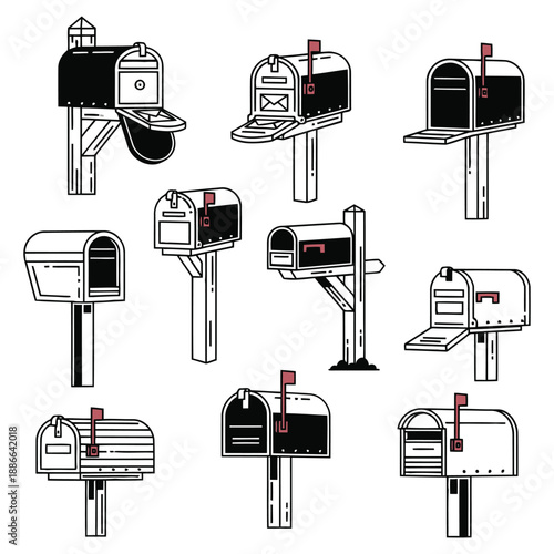 Collection of various mailbox designs and styles illustrated from a straightforward viewpoint