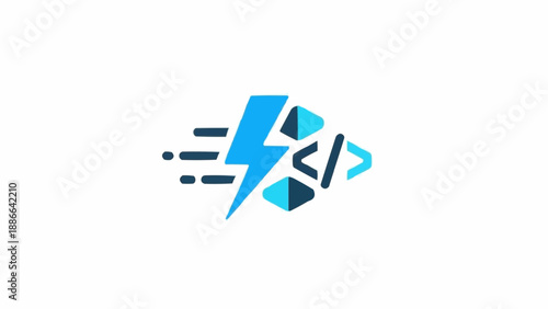 Blue lightning bolt with coding symbols.