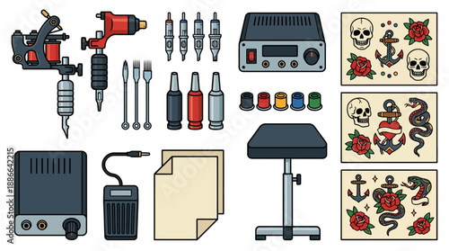 Tattoo Equipment and Design Elements Collection.