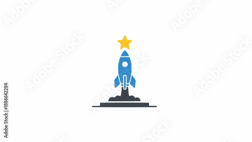 Blue Rocket Ship Blasting Off.