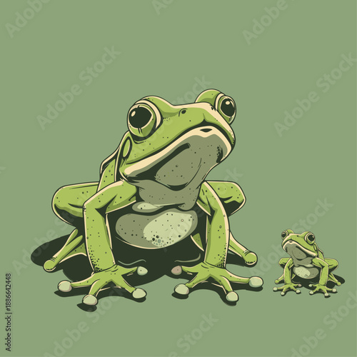 vector illustration Sitting Two Mother and Baby Frogs , Cute forest animalistic illustration for children’s design.