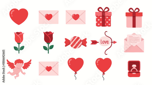 Valentine's Day Icons Set: Hearts, Roses, Gifts, Cupid, Love Letter, Ring, Balloons